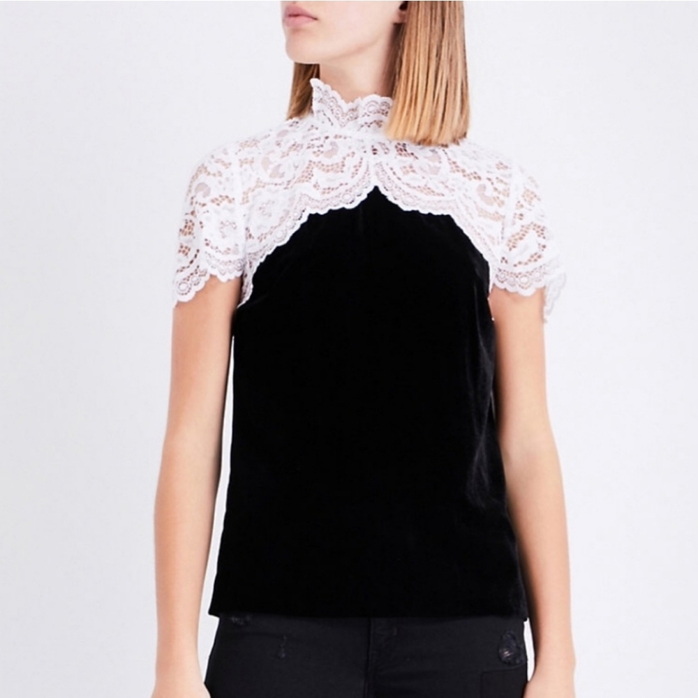 Sandro Short Sleeves Blouse/Top White Lace Black Velvet Size M